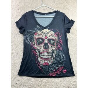 Women's Black XXL V-Neck Top Sugar Skull Graphic Cotton